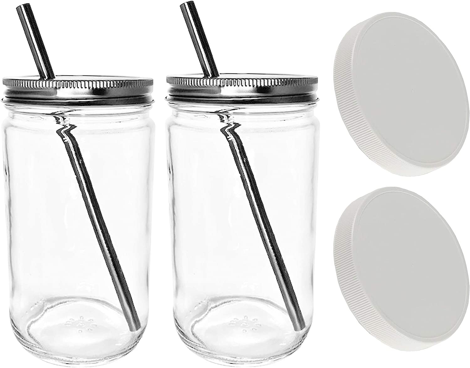 Long Glass Straws for Quart or Pint & Half Mason Jars (4 Pack + Cleaning Brush)