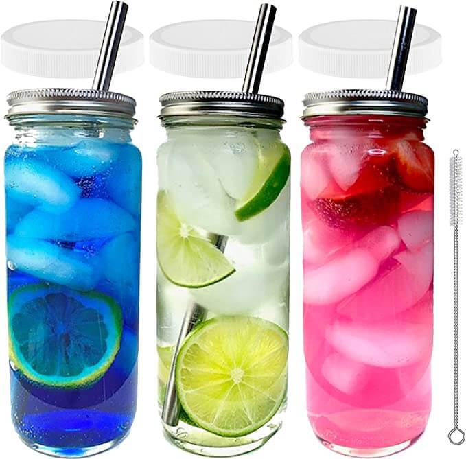 Glass Juice Bottles Drinking Jars 2 Metal Straws 4 Airtight (6 pack 16 oz)
