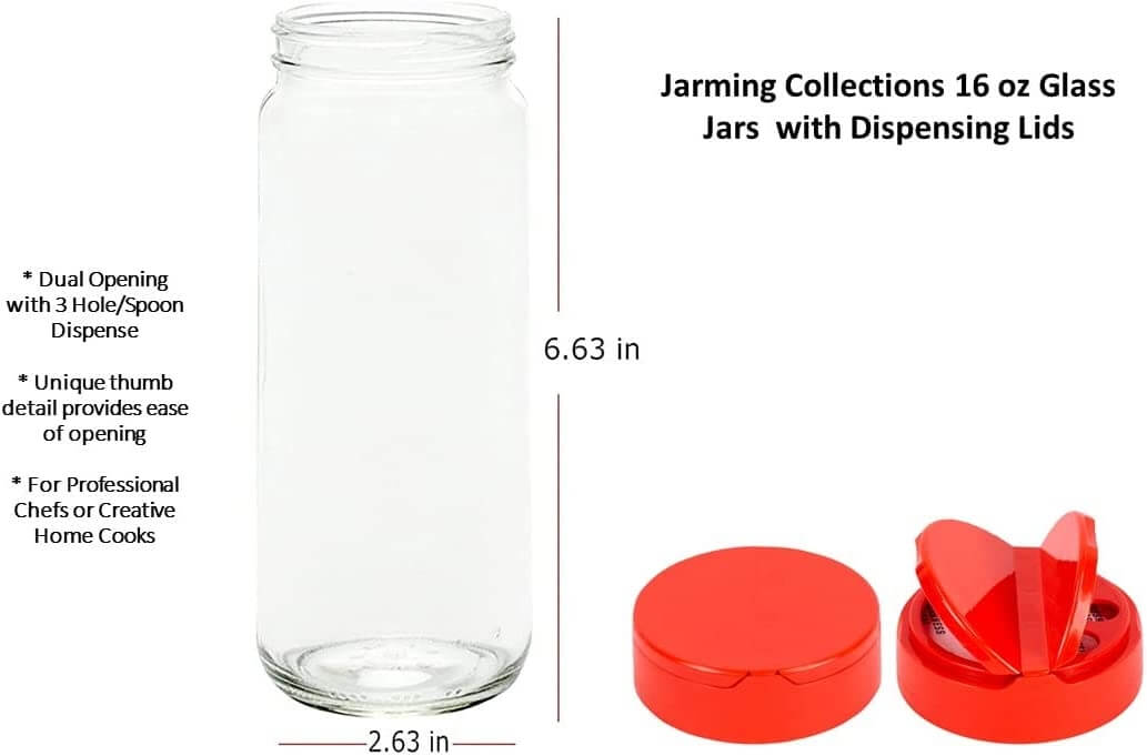 Jarming Collections Tall & Slender 16 oz Glass Spice Jars with Shaker Lids - Elegant Design for Food Storage and Kitchen Organization - Enhance Your